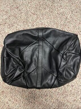 Vintage Black Leather Duffle Bag with canvas straps